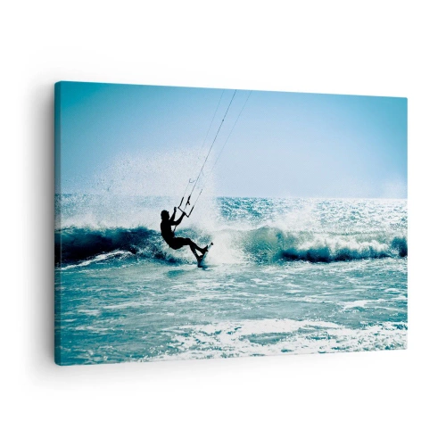 Lærredstryk - Billede på lærred - Kitesurfer rider på en bølge i fuld sol - 70x50cm - Lad dig rive med - Moderne vægdekoration til stue og soveværelse ARTTOR