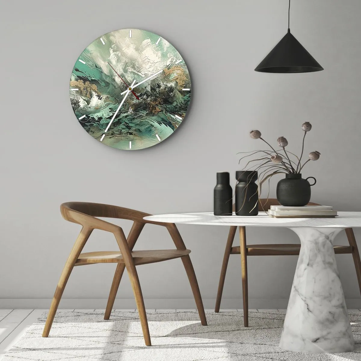 Vægur, Uret - Dynamisk abstraktion i grønt, hvidt og guld - 30x30cm - Smaragdsort byld - Moderne vægdekoration til stue, køkken og soveværelse ARTTOR