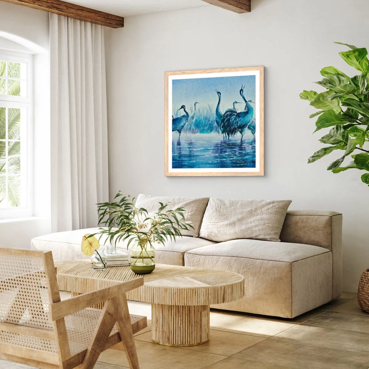 Plakat i ramme af lyst egetræ - Morgenmøde - 60x60 cm