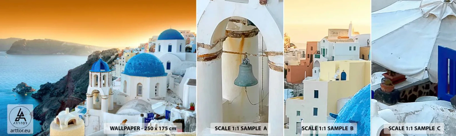 Prøve Fototapet Selvklæbende Deluxe Sticker - Santorini - omfavnet af klipperne - Landskab, Grækenland, Santorini - 100x30 cm