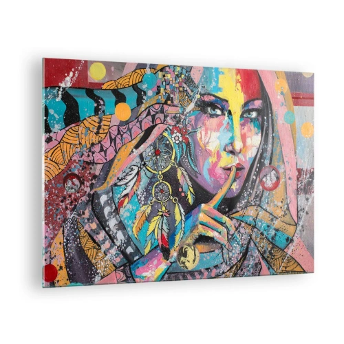 Billede på glas - Farverigt portræt af en kvinde med etniske motiver og fjer - 70x50cm - Vær tavs, indtil du forstår - Moderne vægdekoration til stue og soveværelse ARTTOR