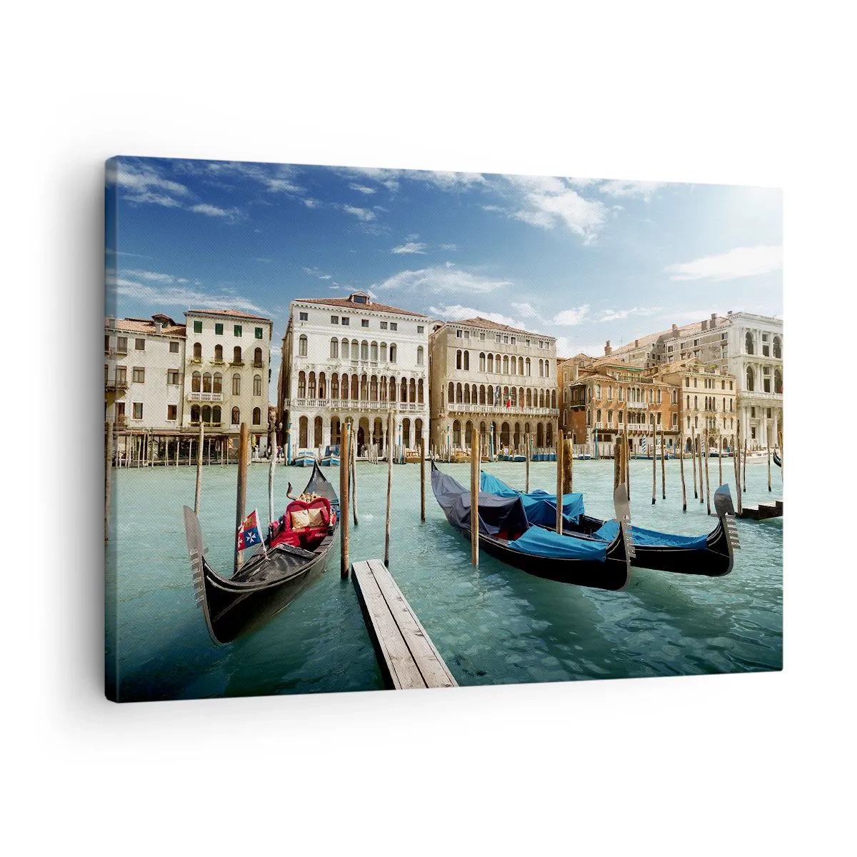 Lærredstryk - Billede på lærred - Venedig med gondoler og paladser mod himlen - 70x50cm - Paladser i blåt - Moderne vægdekoration til stue og soveværelse ARTTOR