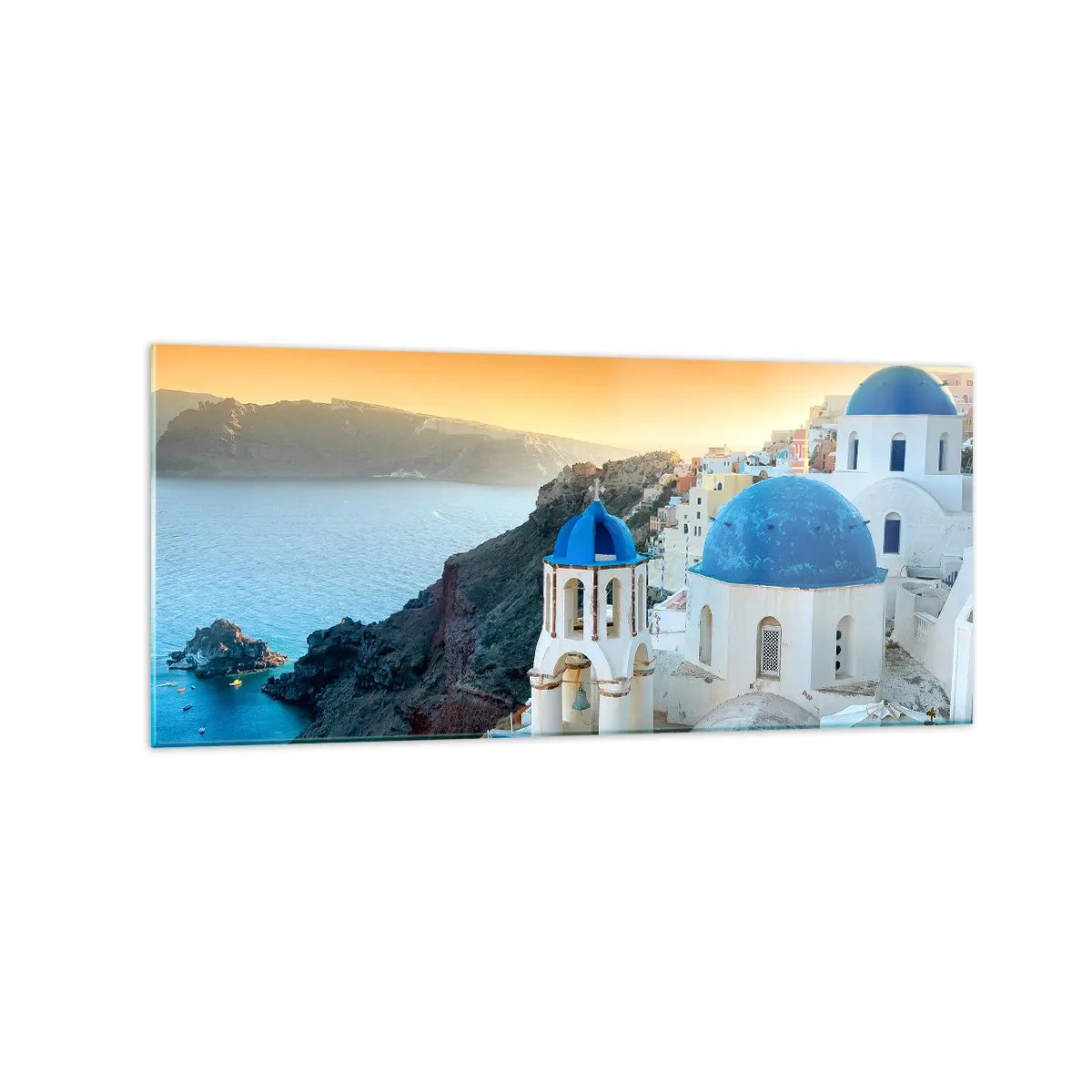 Billede på glas - Santorini - omfavnet af klipperne - 120x50 cm