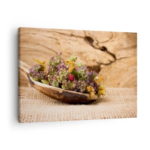 Lærredstryk - Billede på lærred - Tørrede urter i en træske på en naturlig træbaggrund - 70x50cm - Farverige blomster og velduftende urter - Moderne vægdekoration til stue og soveværelse ARTTOR