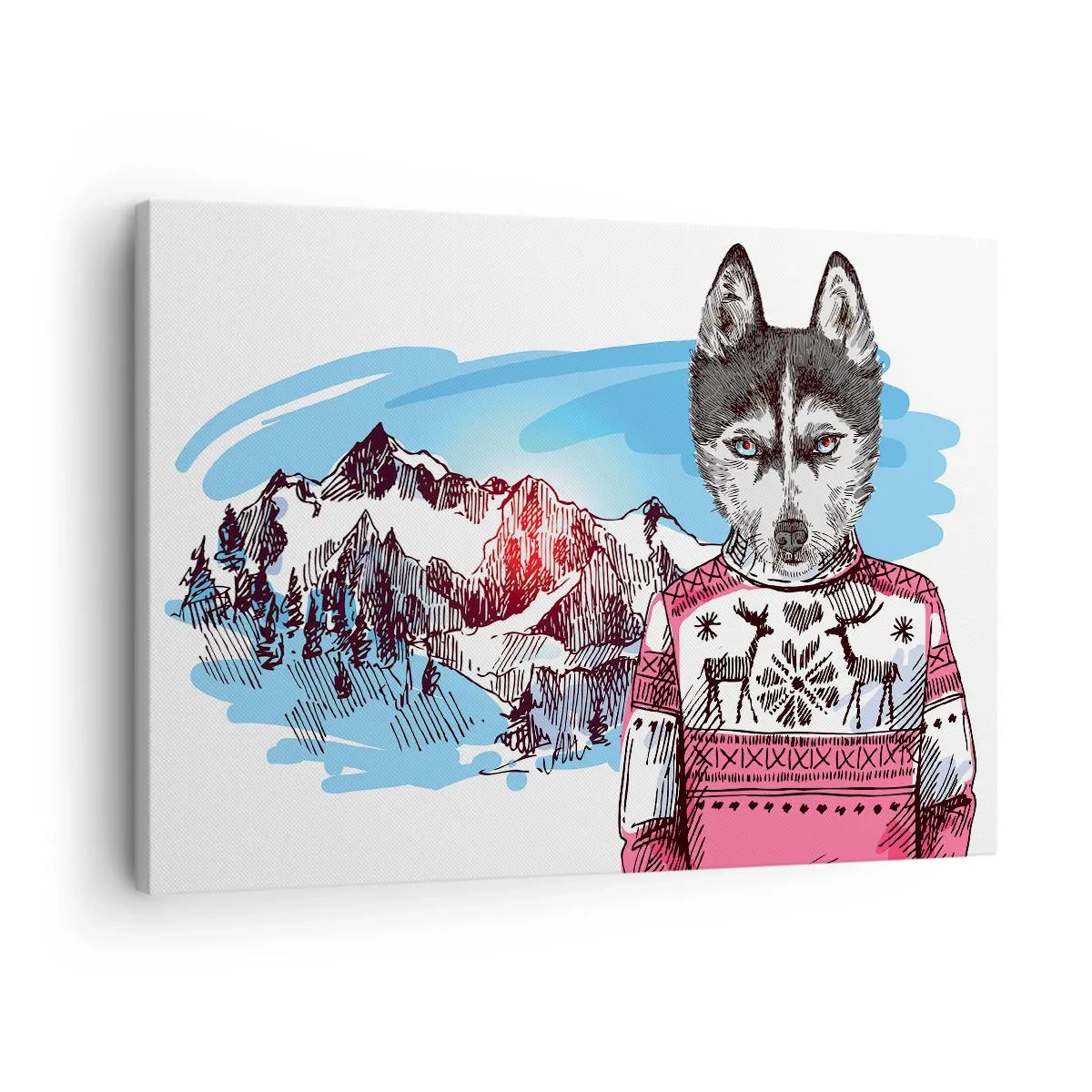 Lærredstryk - Billede på lærred - En ulv i en vintertrøje mod et bjerglandskab - 70x50cm - Ulv i fåreuld - Moderne vægdekoration til stue og soveværelse ARTTOR