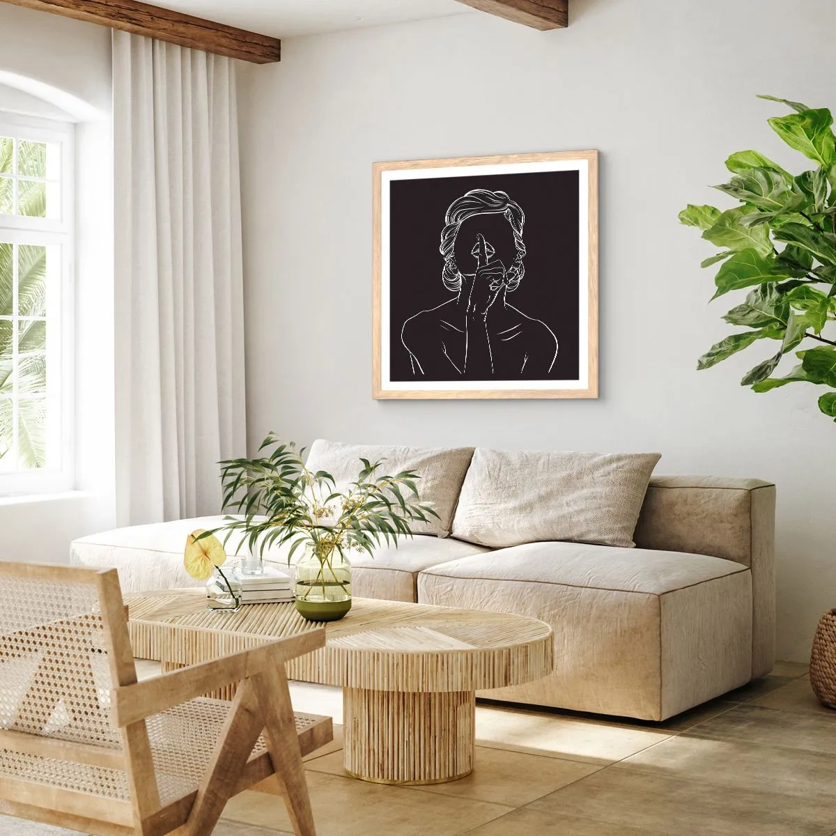 Plakat i ramme af lyst egetræ - Skønhed blomstrer i stilhed - 30x30 cm