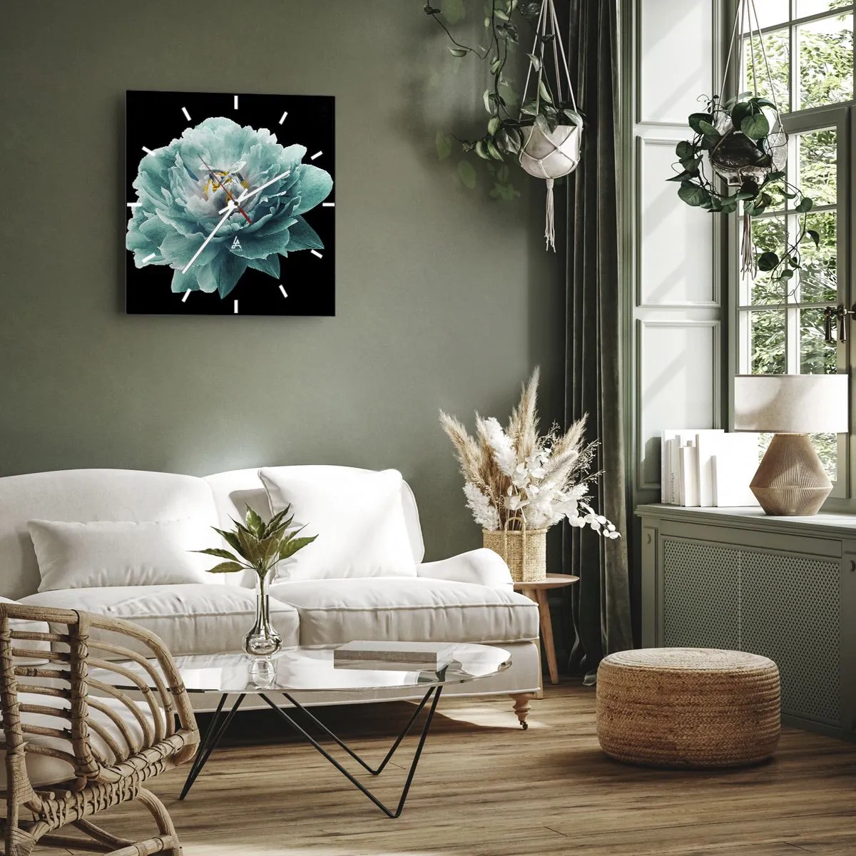 Vægur, Uret - Blå og gyldne kronblade - 40x40 cm