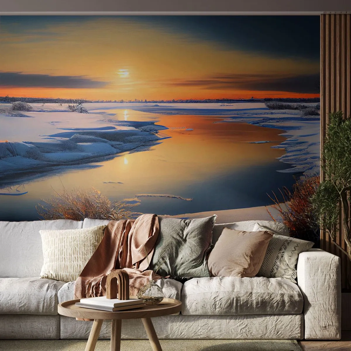 Fototapet Premium Sand - Vintersolnedgang - Vinter, flod, Landskab - 250x175 cm