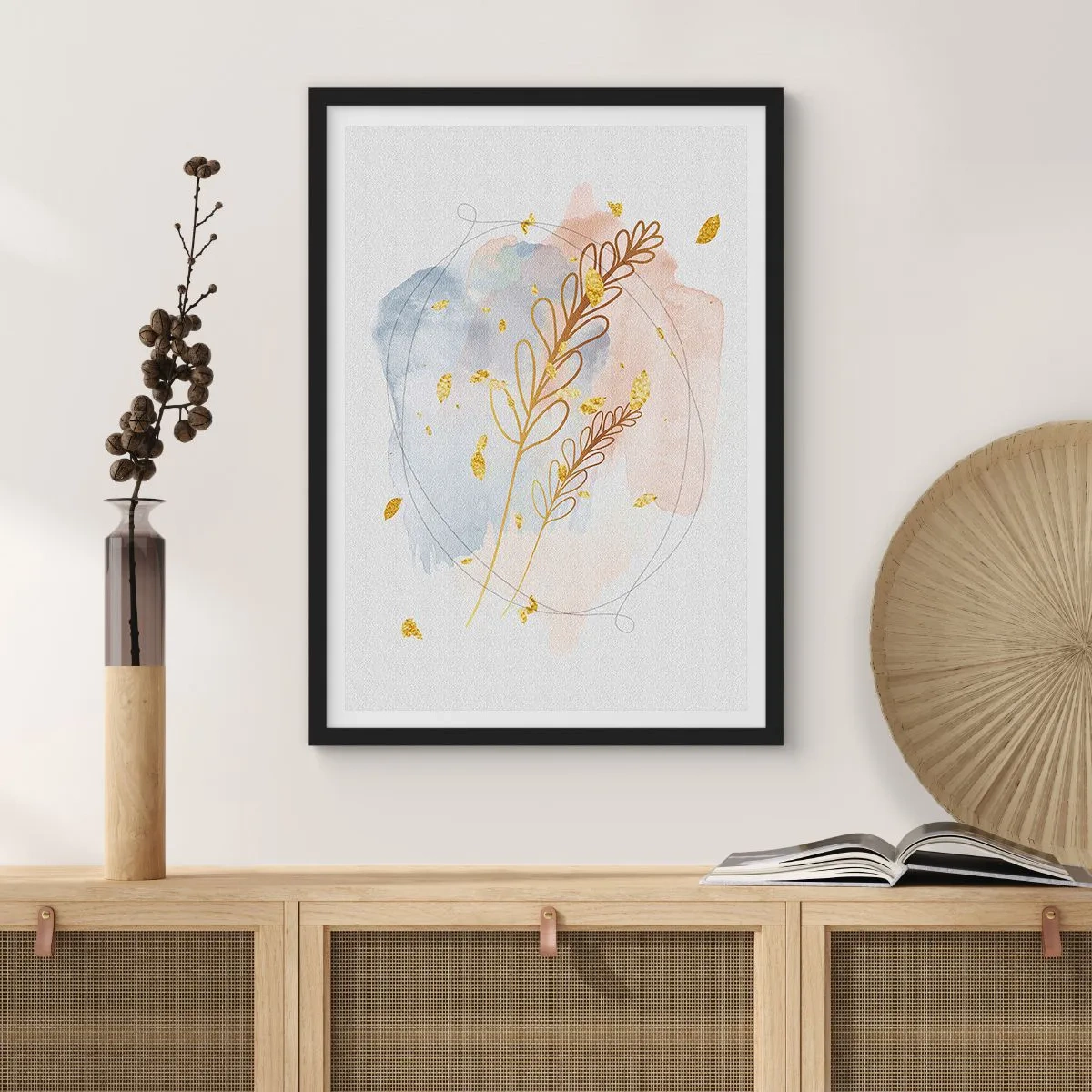 Plakat i sort ramme - En delikat botanisk komposition med gulddetaljer - 50x70cm - En gylden eksplosion - Moderne vægdekoration til stue og soveværelse ARTTOR