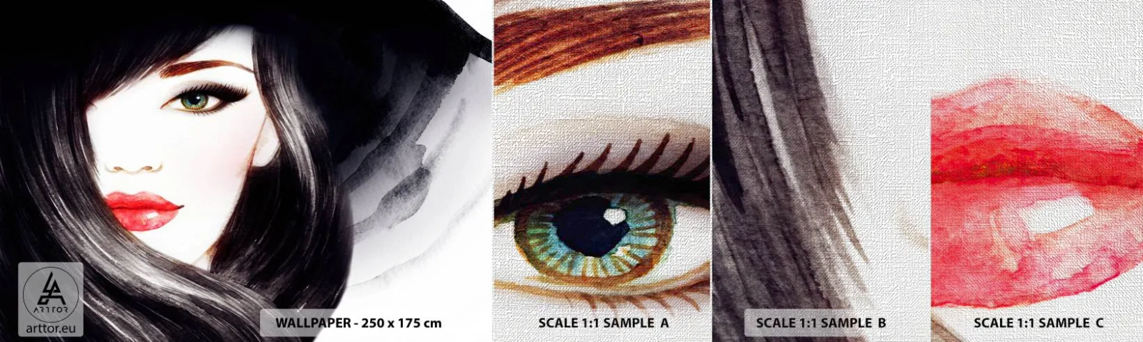 Prøve Fototapet Premium Canvas - Safir blik - Kvindens ansigt, røde læber, Grønne øjne - 100x30 cm