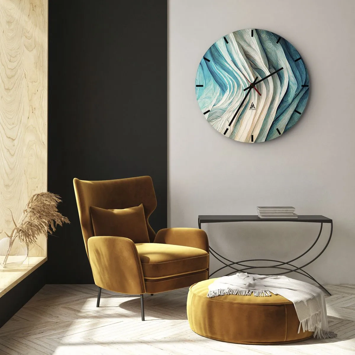 Vægur, Uret - Organiske bølger i nuancer af blå, beige og turkis - 30x30cm - Blå umættelighed - Moderne vægdekoration til stue, køkken og soveværelse ARTTOR