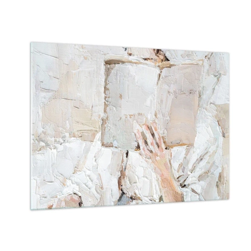 Billede på glas - En person fordybet i at læse en bog mod en lys, impressionistisk baggrund - 70x50cm - I en anden verden - Moderne vægdekoration til stue og soveværelse ARTTOR