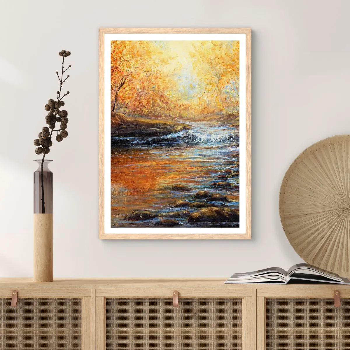 Plakat i ramme af lyst egetræ - Gylden strøm - 70x100 cm