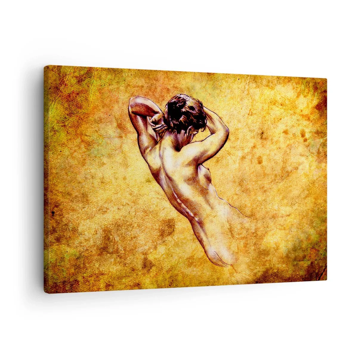 Lærredstryk - Billede på lærred - Kunstnerisk kvindelig nøgen på en gylden baggrund i klassisk stil - 70x50cm - Afsløret, men stadig et mysterium - Moderne vægdekoration til stue og soveværelse ARTTOR