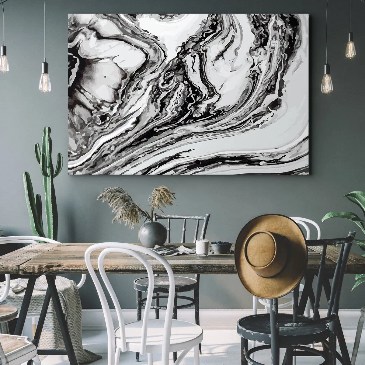 Lærredstryk - Billede på lærred - Abstrakt marmormønster i sort og hvid - 70x50cm - I begyndelsen var det kaos - Moderne vægdekoration til stue og soveværelse ARTTOR