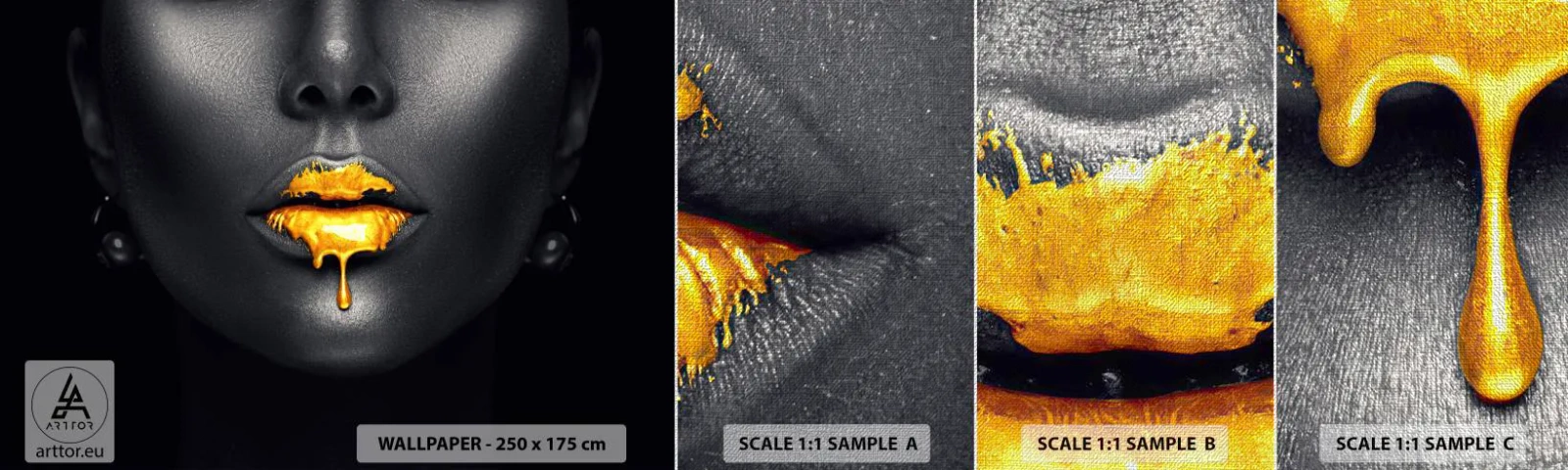 Prøve Fototapet Premium Canvas - Gyldenmund - Abstraktion, Kvindens Mund, Kvindens ansigt - 100x30 cm