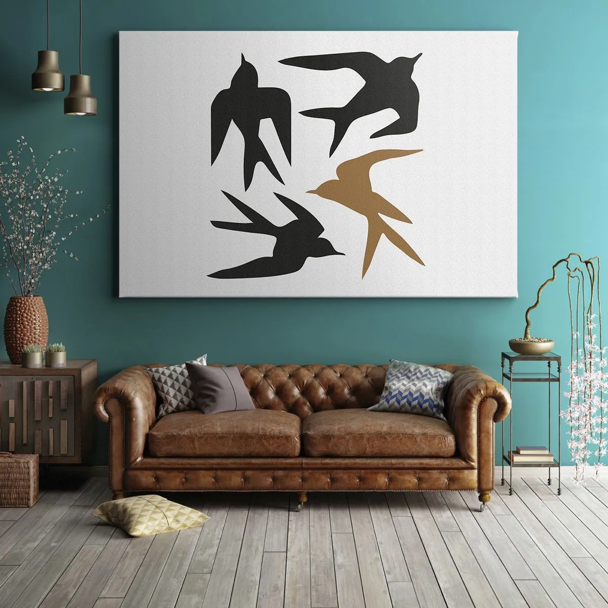 Lærredstryk - Billede på lærred - Silhuetter af svaler i sort og guld - 70x50cm - Sluge spil - Moderne vægdekoration til stue og soveværelse ARTTOR