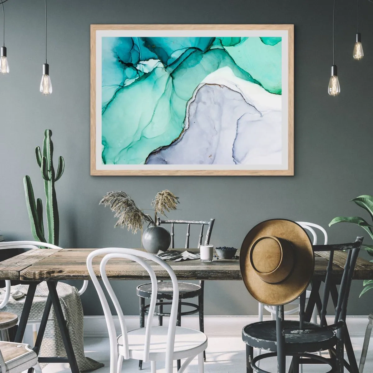 Plakat i ramme af lyst egetræ - Undersøgelse i turkis - 50x40 cm