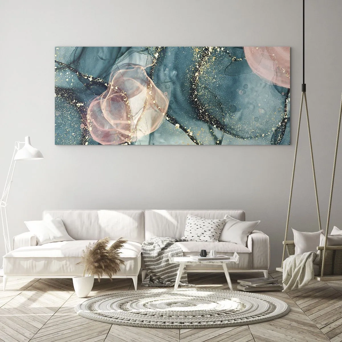 Billede på glas - Silkeblå, tyl lyserød - 140x50 cm