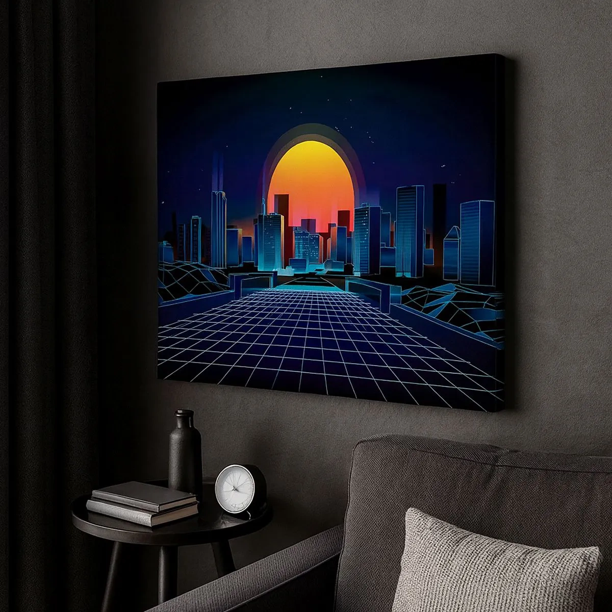 Lærredstryk - Billede på lærred - Futuristisk neon-stil byskyline - 70x50cm - Vil du stadig gerne komme til den ægte vare? - Moderne vægdekoration til stue og soveværelse ARTTOR