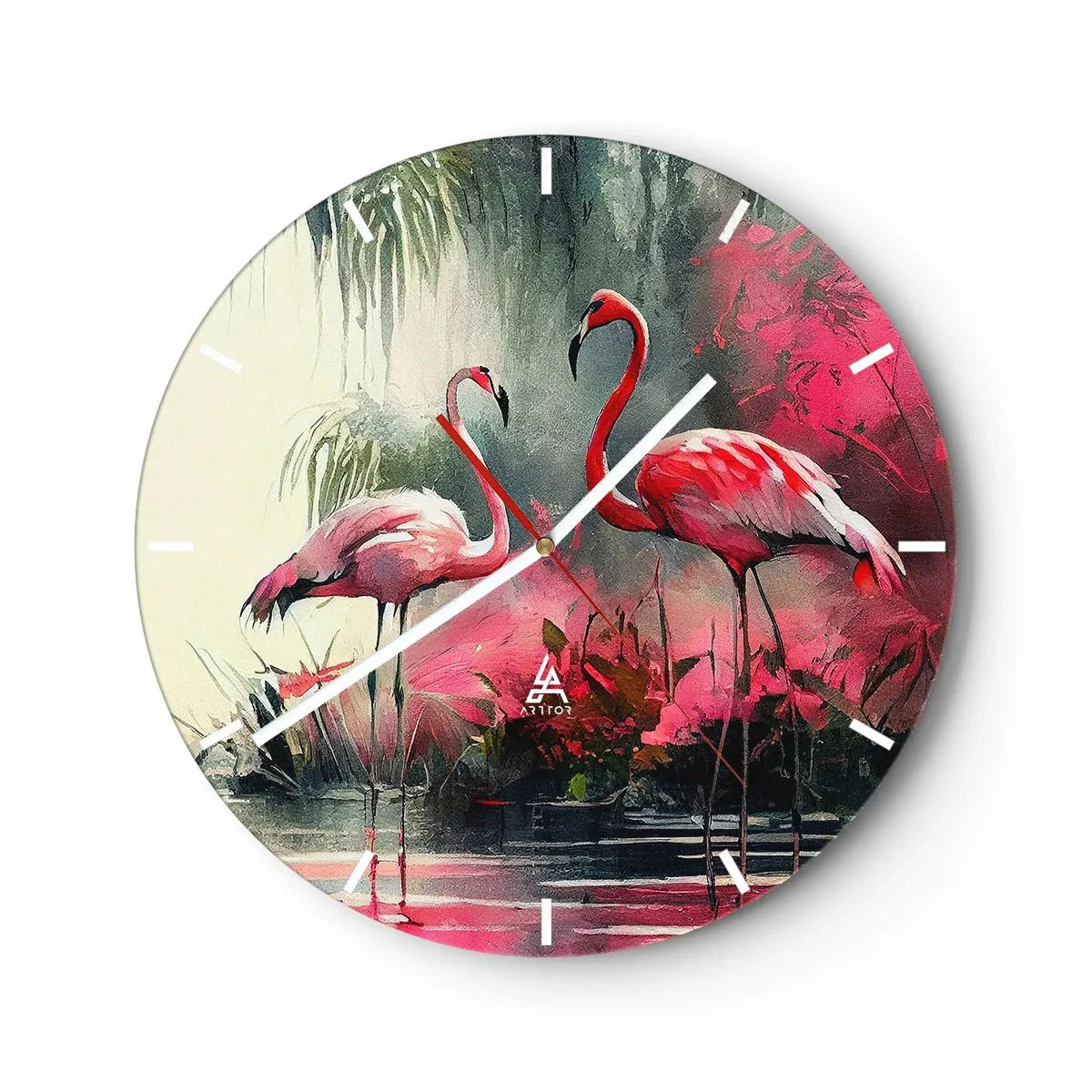 Vægur, Uret - To flamingoer i eksotiske, lyserøde omgivelser - 30x30cm - En lektion i naturlig charme - Moderne vægdekoration til stue, køkken og soveværelse ARTTOR