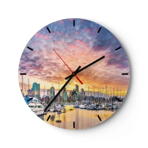 Vægur, Uret - Marina med både og skyskrabere i baggrunden under solnedgang - 30x30cm - By med tusind sømænd - Moderne vægdekoration til stue, køkken og soveværelse ARTTOR