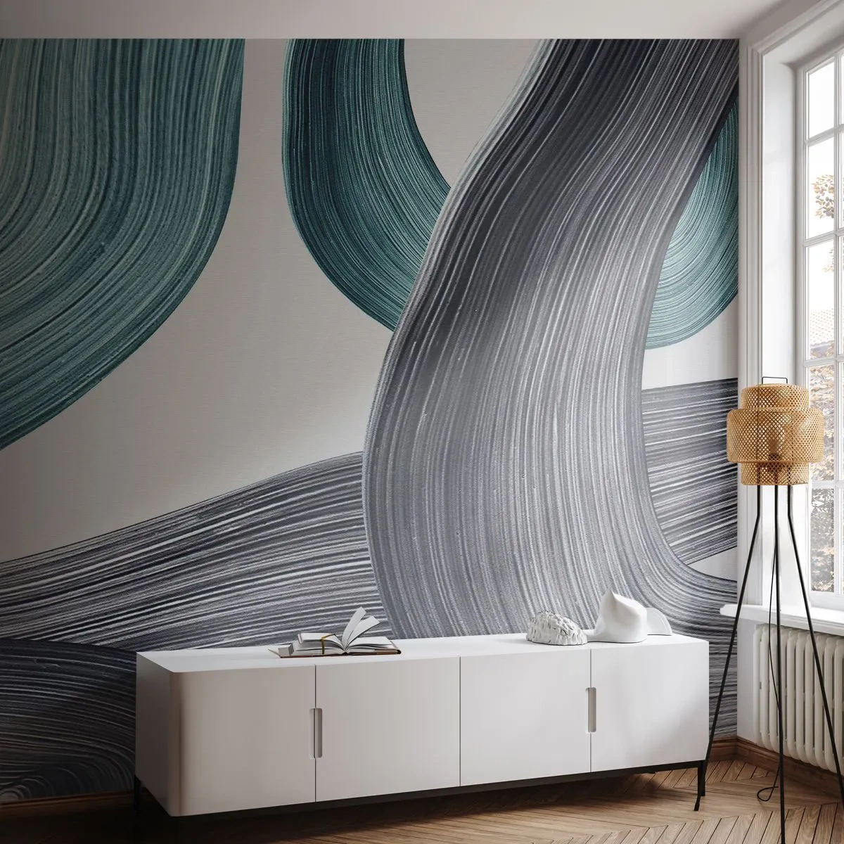 Fototapet Premium Sand - Smaragdgrønne og sorte stier - Maling, Børste, Minimalisme - 200x140 cm