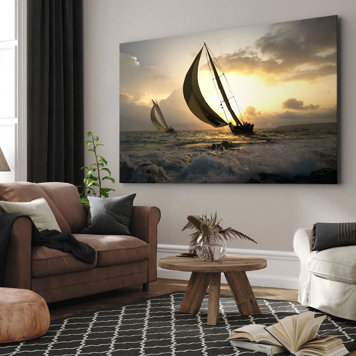 Lærredstryk - Billede på lærred - Sejlbåde på havet under solnedgang - 70x50cm - I medvind og modvind - Moderne vægdekoration til stue og soveværelse ARTTOR