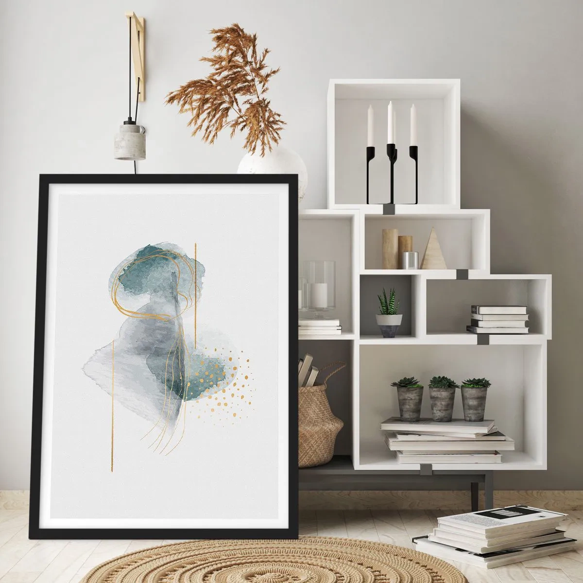 Plakat i sort ramme - Om forholdet mellem grå og guld - 40x50 cm