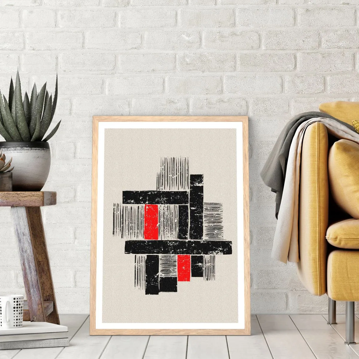 Plakat i ramme af lyst egetræ - Rødt og sort - 70x100 cm