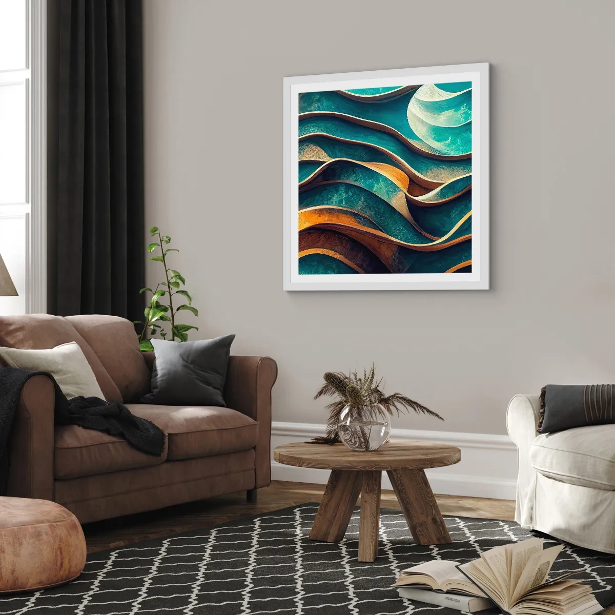 Plakat i hvid ramme - Slyngninger af blåt - 50x50 cm