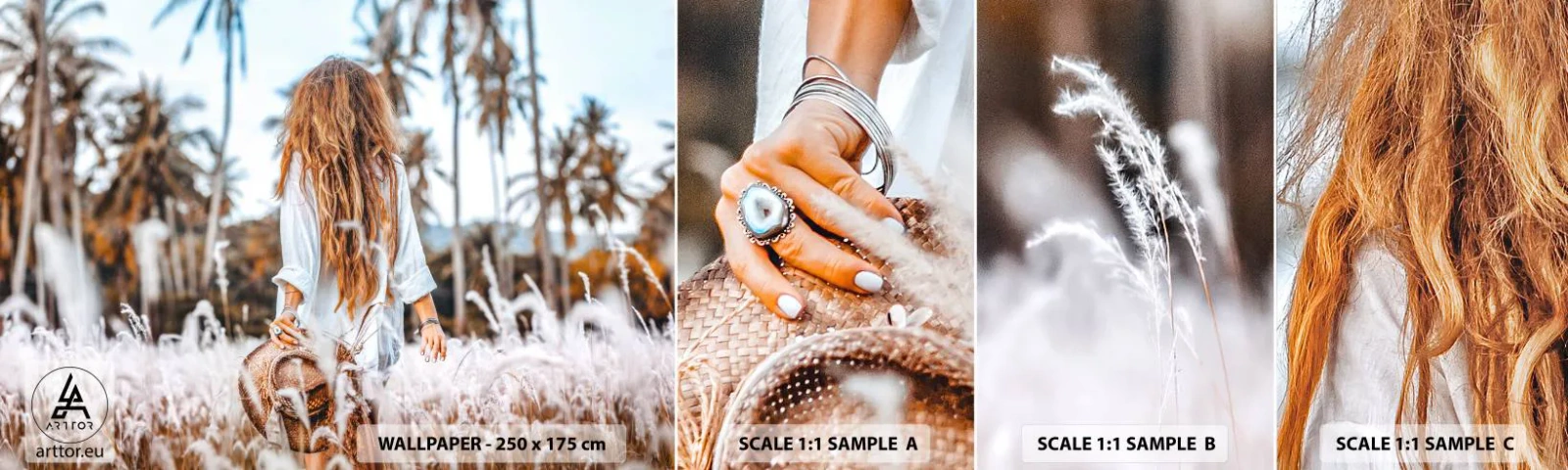 Prøve Fototapet Selvklæbende Deluxe Sticker - Født af græsdun - Kvinde, Årgang, Boho - 100x30 cm