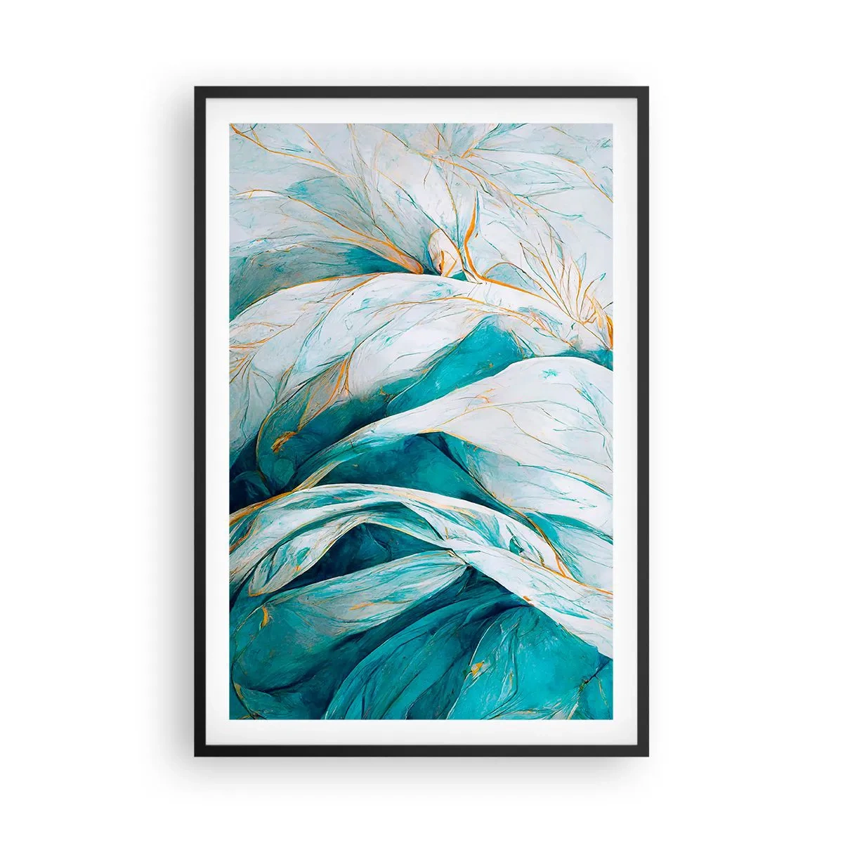 Plakat i sort ramme - Blå abstraktion med et guldmotiv - 61x91 cm