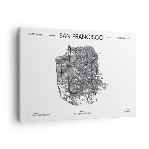 Lærredstryk - Billede på lærred - Et kort over San Francisco i sort-hvid minimalistisk stil. - 70x50cm - San Franciscos anatomi - Moderne vægdekoration til stue og soveværelse ARTTOR