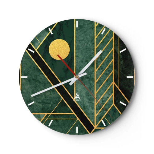 Vægur, Uret - Grøn baggrund med geometriske guldlinjer og en guldcirkel - 30x30cm - Dynamikken i guld og azurblå - Moderne vægdekoration til stue, køkken og soveværelse ARTTOR