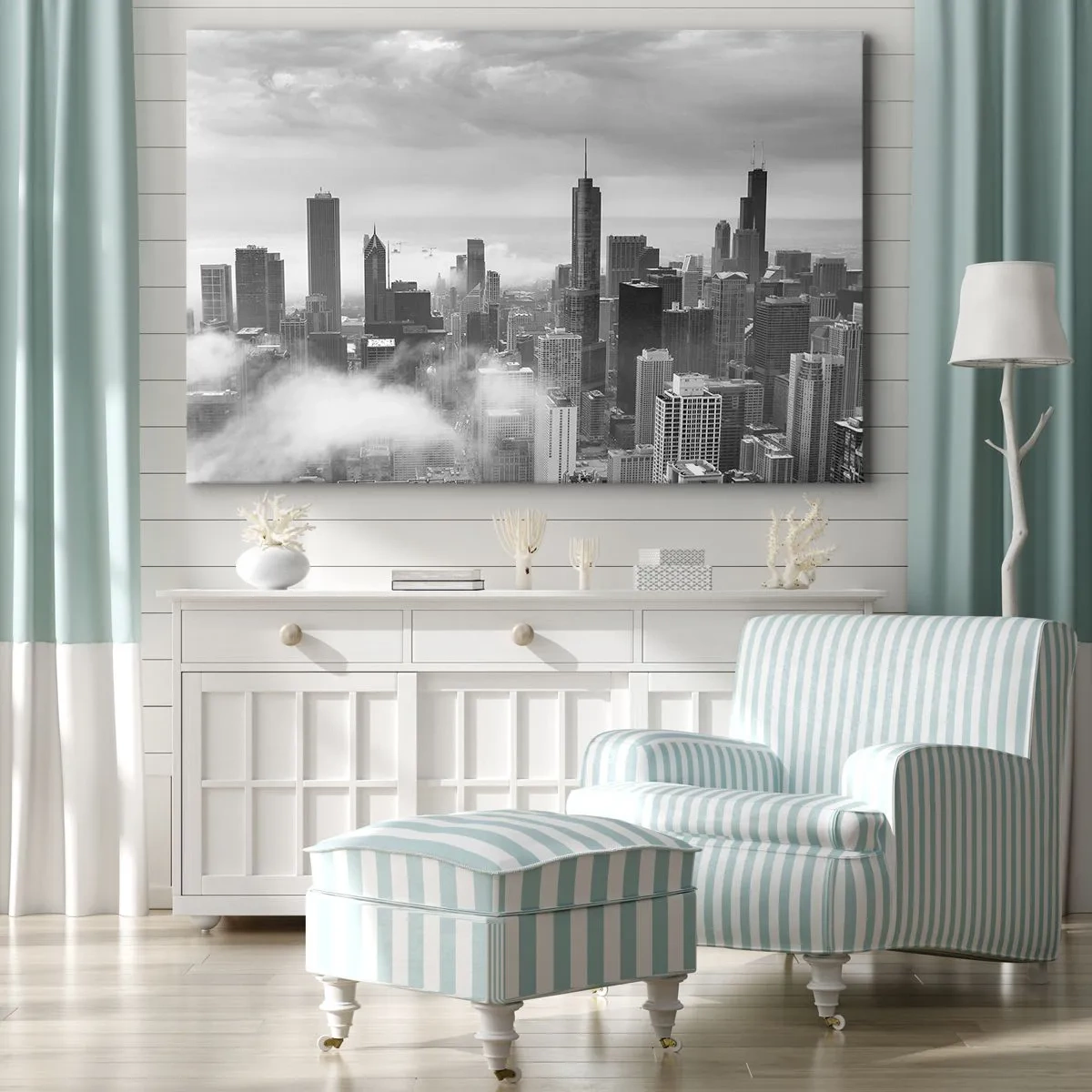 Lærredstryk - Billede på lærred - Bypanorama med skyskrabere i skyerne i sort-hvid - 70x50cm - Amerikansk landskab - Moderne vægdekoration til stue og soveværelse ARTTOR