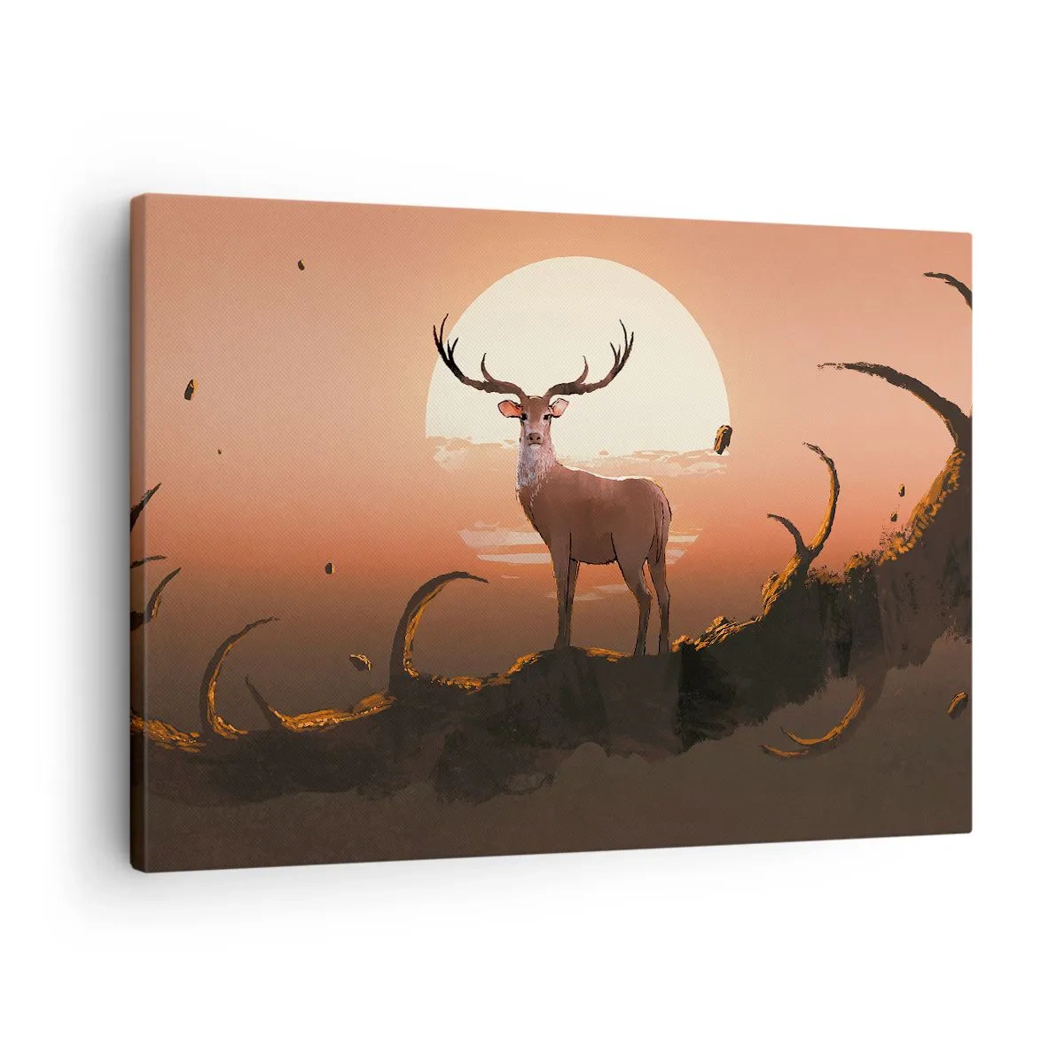 Lærredstryk - Billede på lærred - En hjort mod en solnedgang og et surrealistisk landskab i baggrunden - 70x50cm - Denne aften er ikke som alle andre - Moderne vægdekoration til stue og soveværelse ARTTOR