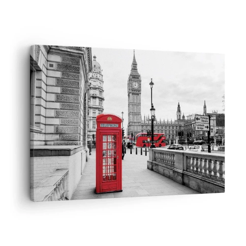 Lærredstryk - Billede på lærred - En rød telefonboks med Big Ben i baggrunden i London - 70x50cm - Uden tvivl, London - Moderne vægdekoration til stue og soveværelse ARTTOR