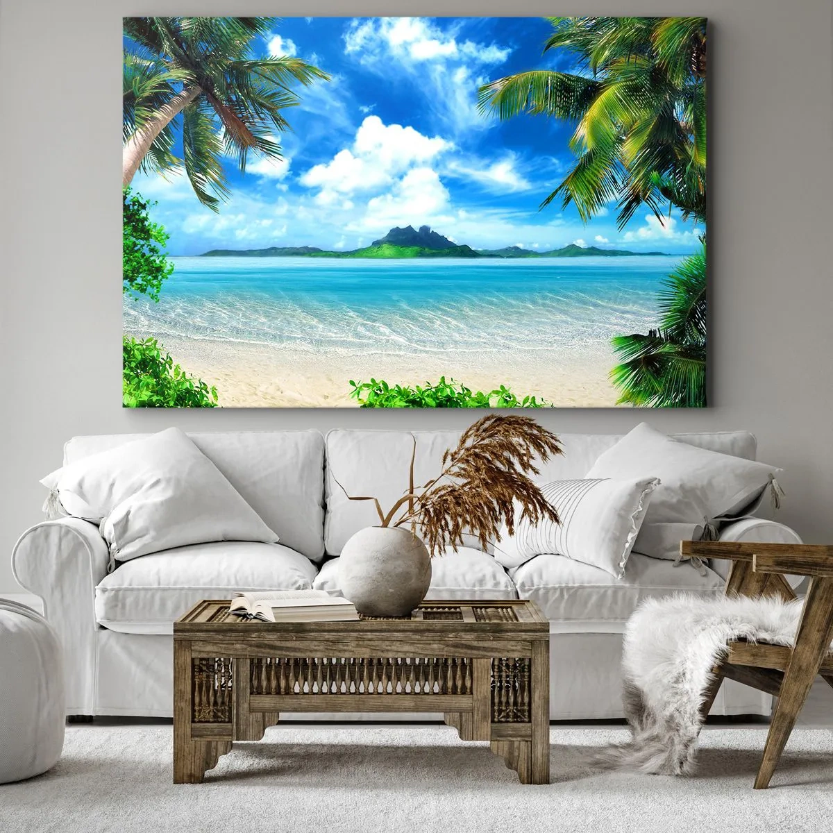 Lærredstryk - Billede på lærred - Tropisk strand med palmer og udsigt over øen - 70x50cm - Azur i troperne - Moderne vægdekoration til stue og soveværelse ARTTOR