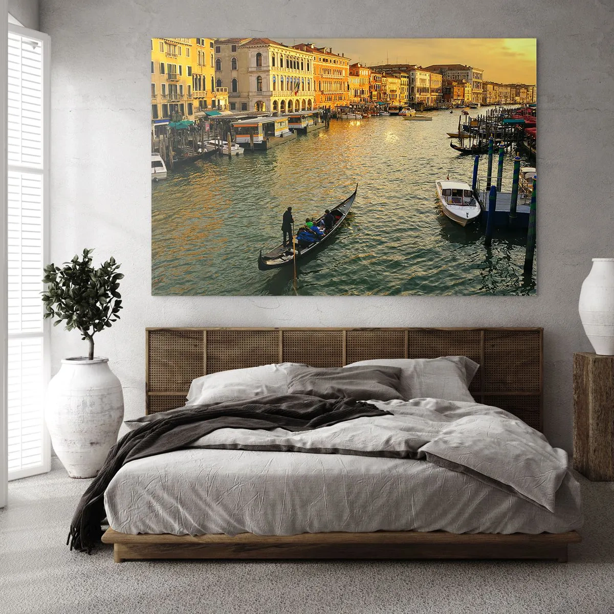 Billede på glas - Solnedgang over en Venedig-kanal med gondoler - 70x50cm - På den solrige side af gaden - Moderne vægdekoration til stue og soveværelse ARTTOR