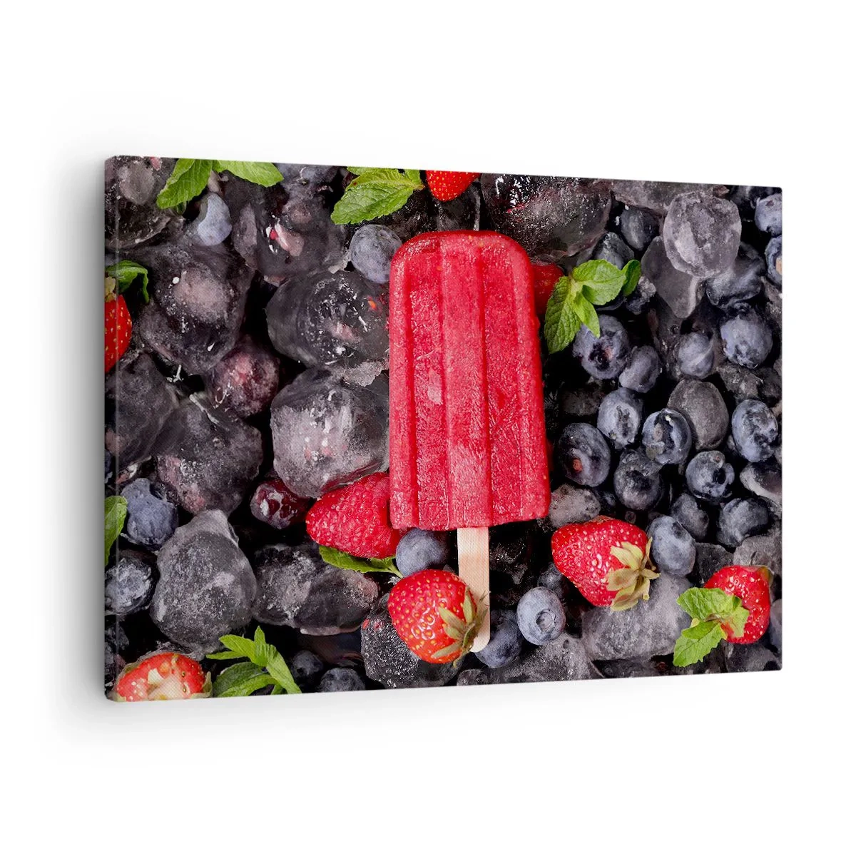 Lærredstryk - Billede på lærred - Rød ispind omgivet af frugt og is - 70x50cm - En smag af varm sommer - Moderne vægdekoration til stue og soveværelse ARTTOR