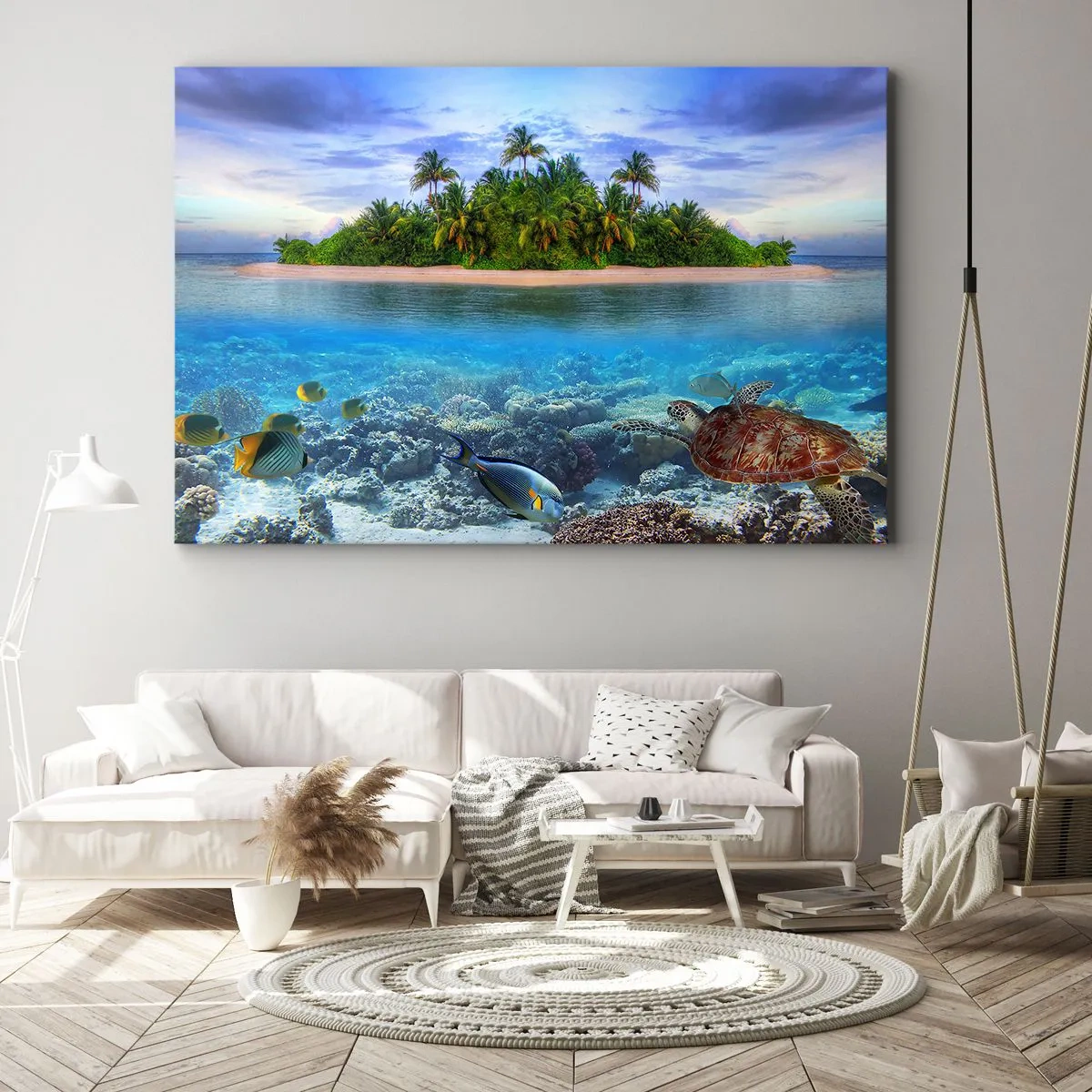 Lærredstryk - Billede på lærred - En tropisk ø omgivet af et turkisblåt hav med et koralrev og fisk. - 70x50cm - Den himmelske ø inviterer dig - Moderne vægdekoration til stue og soveværelse ARTTOR