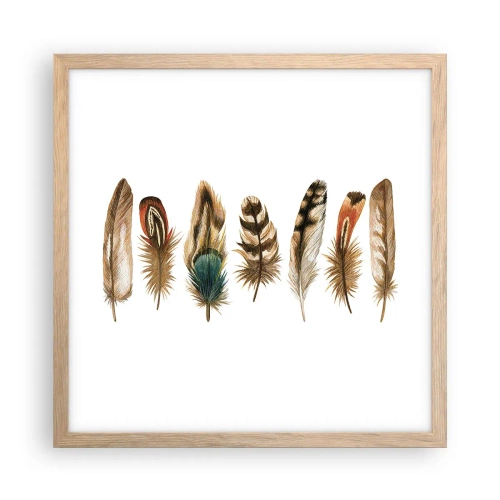Plakat i ramme af lyst egetræ - Variation med fjer - 40x40 cm