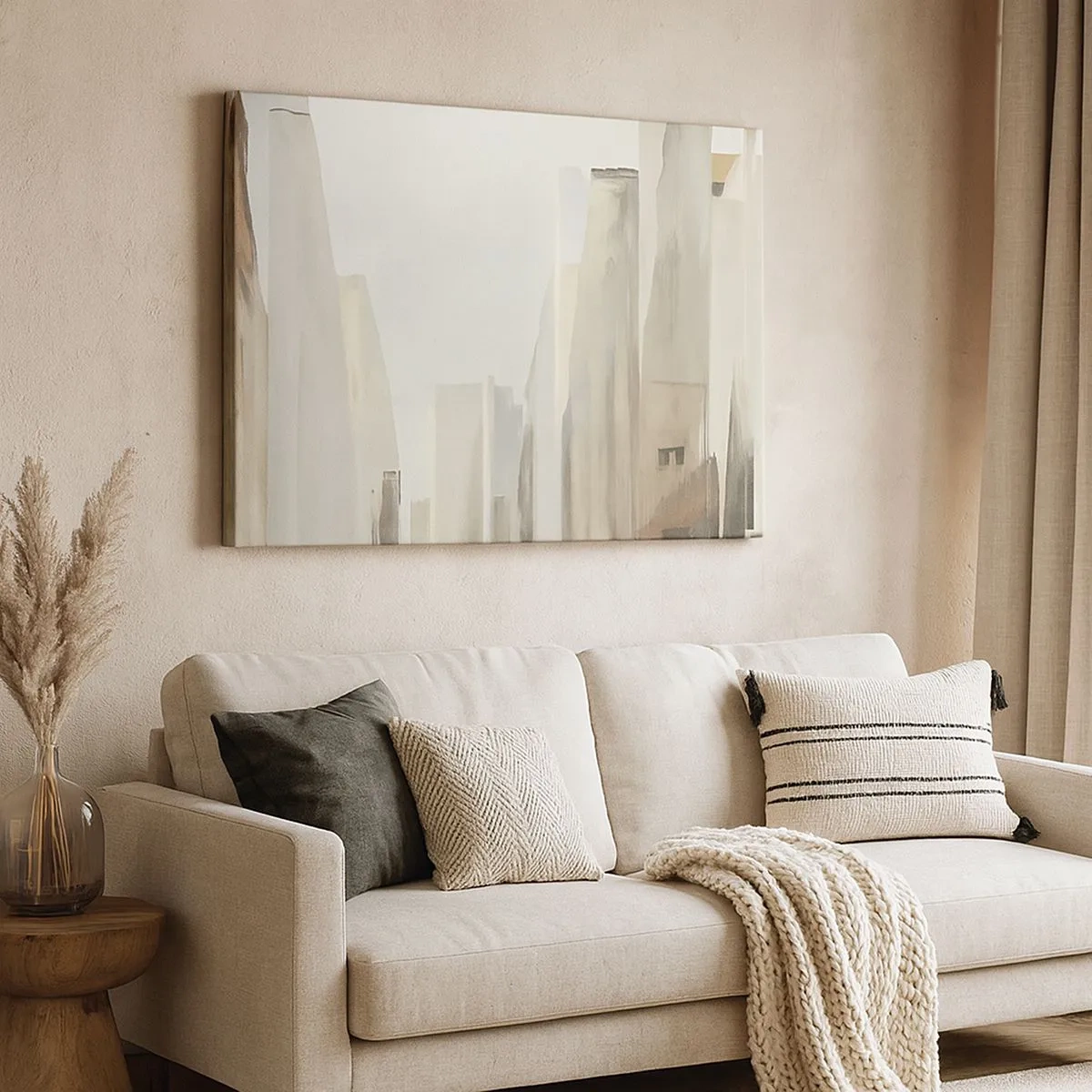Lærredstryk - Billede på lærred - Abstrakt bybillede i pastelfarver - 70x50cm - En drøm om byen - Moderne vægdekoration til stue og soveværelse ARTTOR