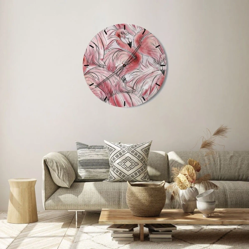 Vægur, Uret - Lyserøde flamingoer i en dynamisk, kunstnerisk komposition - 30x30cm - Fugle corps de ballet - Moderne vægdekoration til stue, køkken og soveværelse ARTTOR