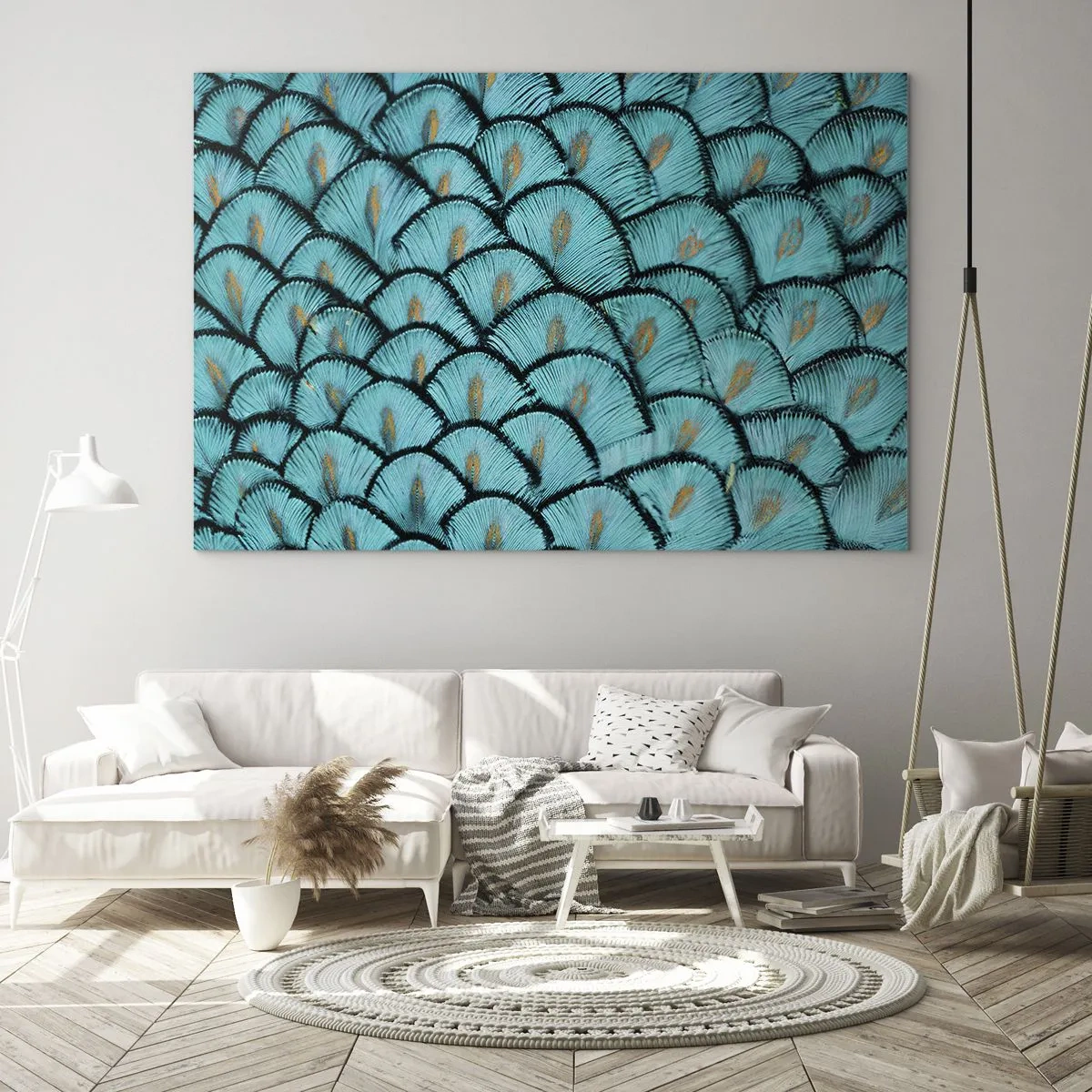 Billede på glas - Et nærbillede af turkise påfuglefjer, der danner et dekorativt mønster. - 70x50cm - Den store fjer-galla - Moderne vægdekoration til stue og soveværelse ARTTOR