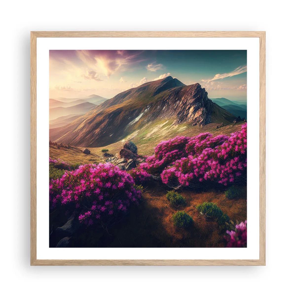 Plakat i ramme af lyst egetræ - Sommer i bjergene - 60x60 cm