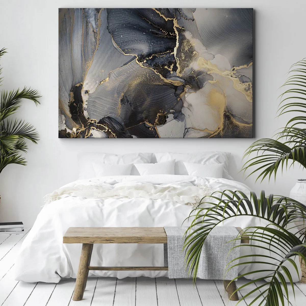 Lærredstryk - Billede på lærred - Abstrakt guld og grå på lærred - 70x50cm - Livet af sten - Moderne vægdekoration til stue og soveværelse ARTTOR