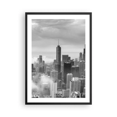Plakat i sort ramme - Sort-hvid udsigt over byens skyline med skyskrabere i skyerne - 50x70cm - Amerikansk landskab - Moderne vægdekoration til stue og soveværelse ARTTOR