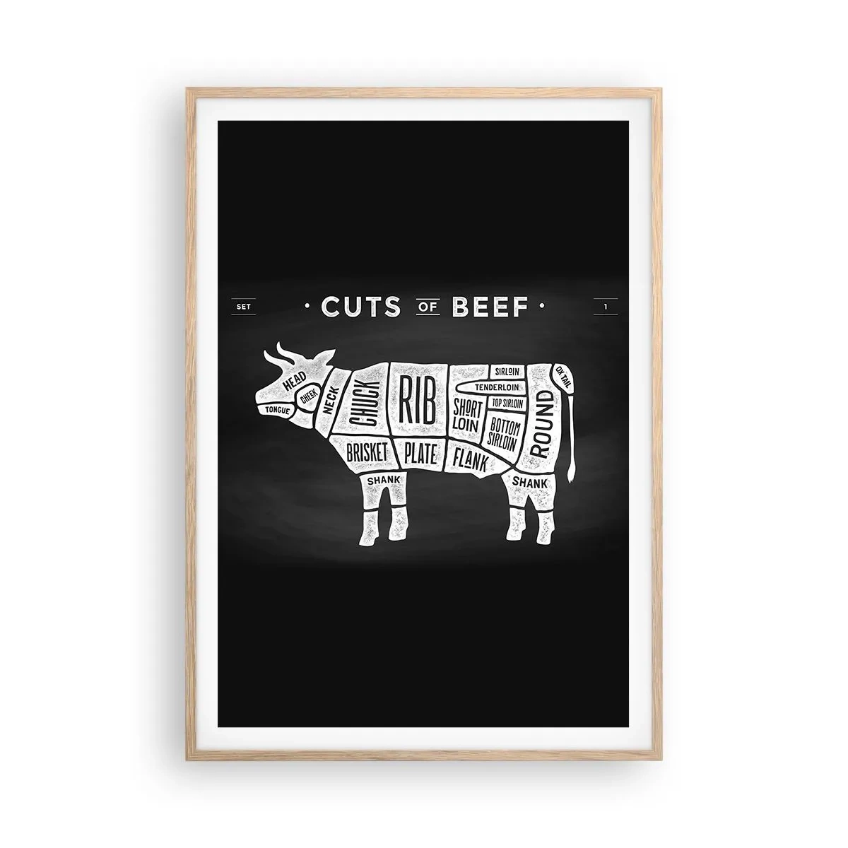Plakat i ramme af lyst egetræ - Slagterens grundbog - 70x100 cm